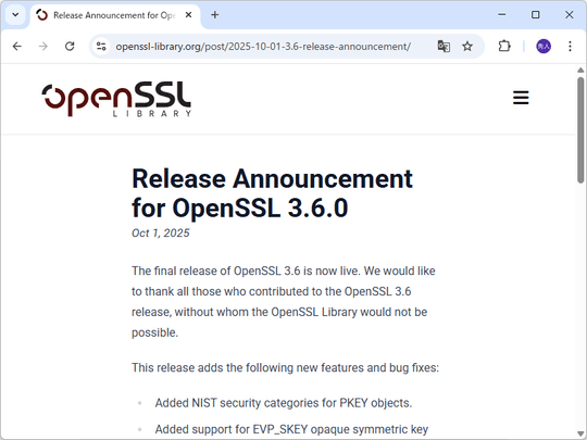 OpenSSL 3.6」がリリース ～旧バージョンにはセキュリティ修正も